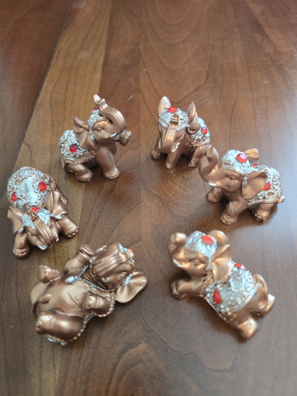 Set of 6 Mini Copper Elephant 🐘 Figurines with Silver & Red Accents